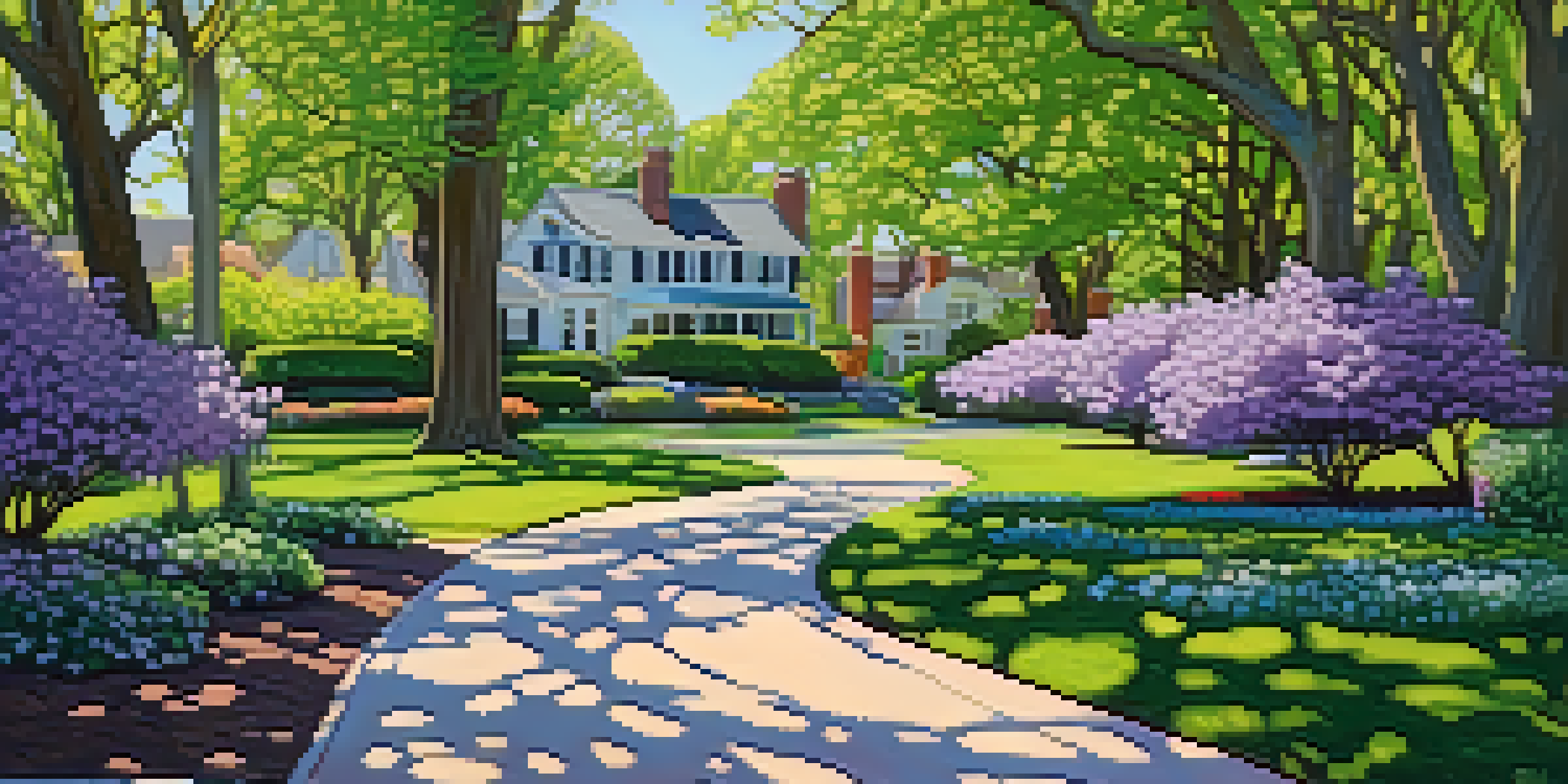 A vibrant spring scene in Highland Park with blooming lilacs, green lawns, and people walking on paths under dappled sunlight.