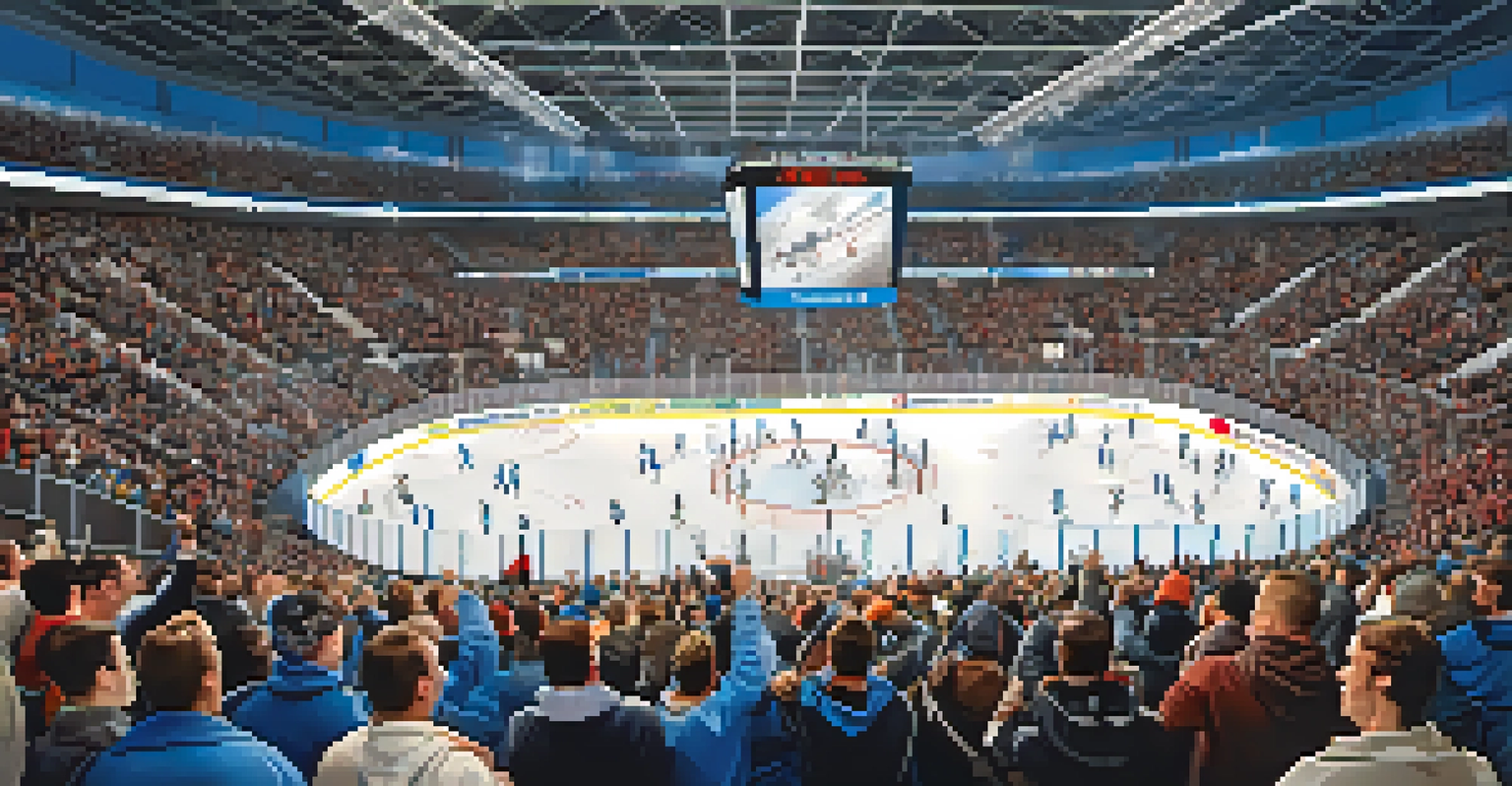 Fans cheering in Blue Cross Arena during a hockey game, with players on the ice.