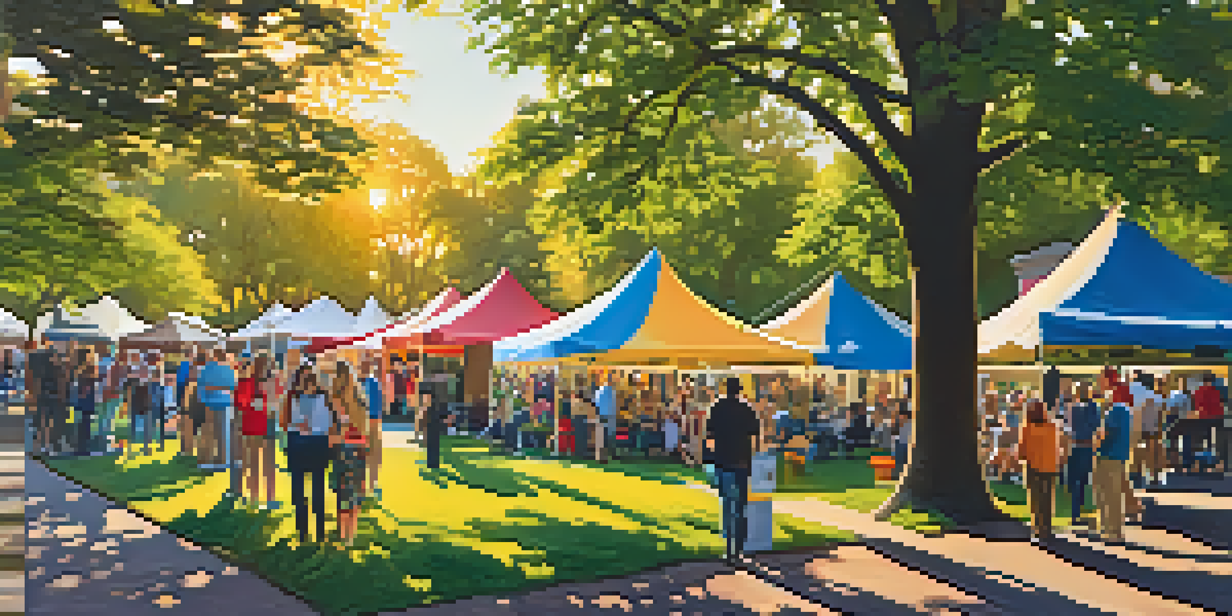An outdoor photography exhibition in a park with colorful tents and diverse attendees admiring photographs in warm sunlight.