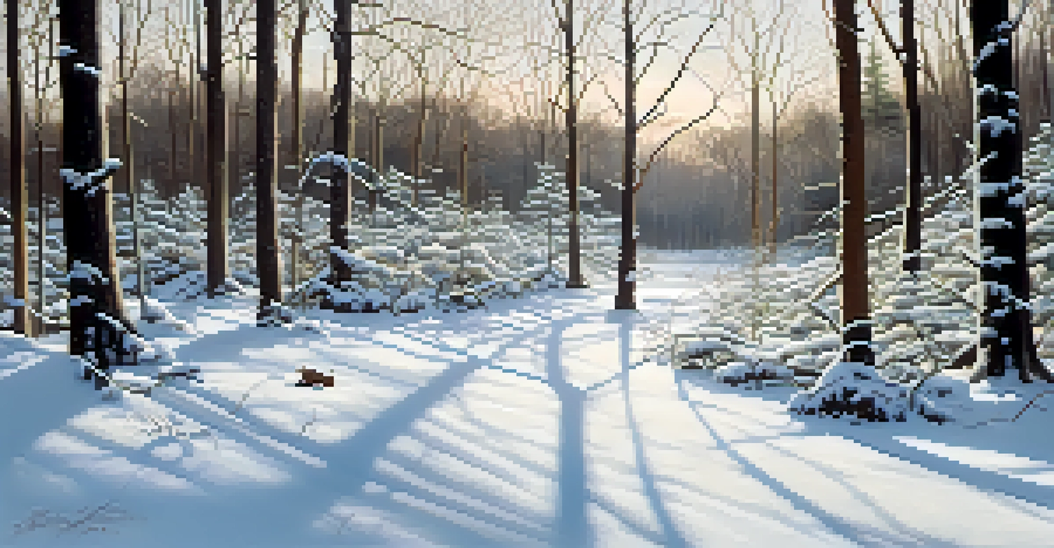 A peaceful winter landscape in Durand Eastman Park with snow-covered trees and a white-tailed deer foraging in the snow.