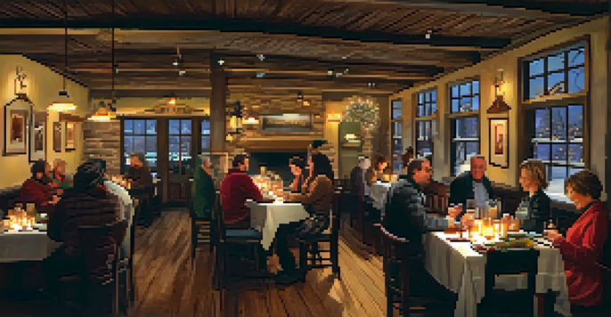 A cozy restaurant filled with diners enjoying winter meals, with warm lighting and chefs preparing dishes in the background.