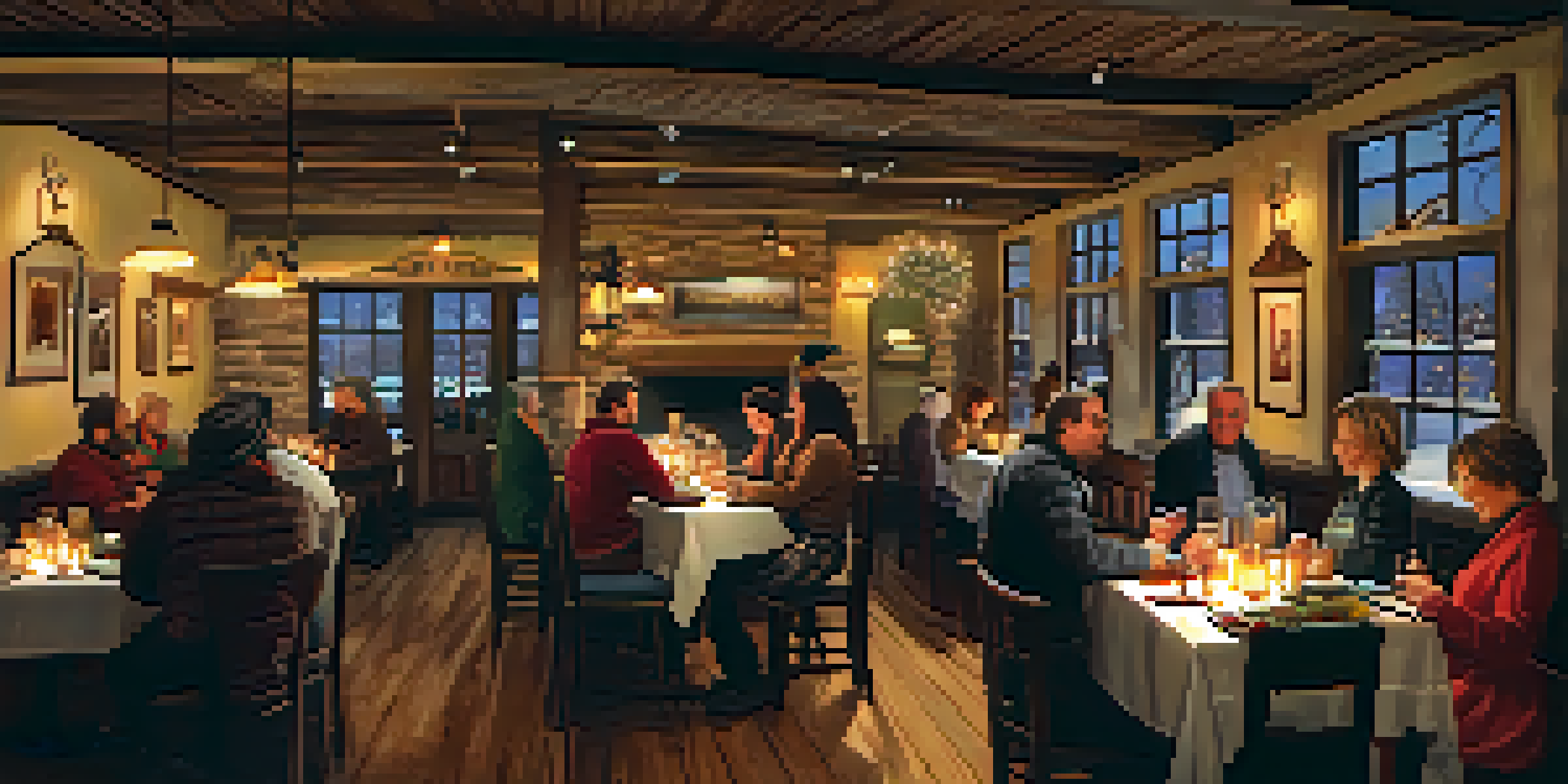A cozy restaurant filled with diners enjoying winter meals, with warm lighting and chefs preparing dishes in the background.