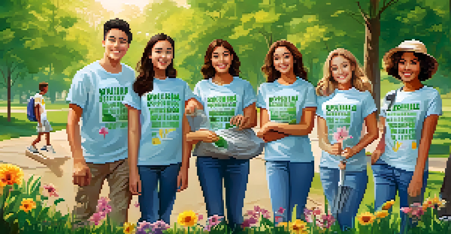 Young volunteers involved in a community clean-up event at a park, wearing matching t-shirts and collecting litter.