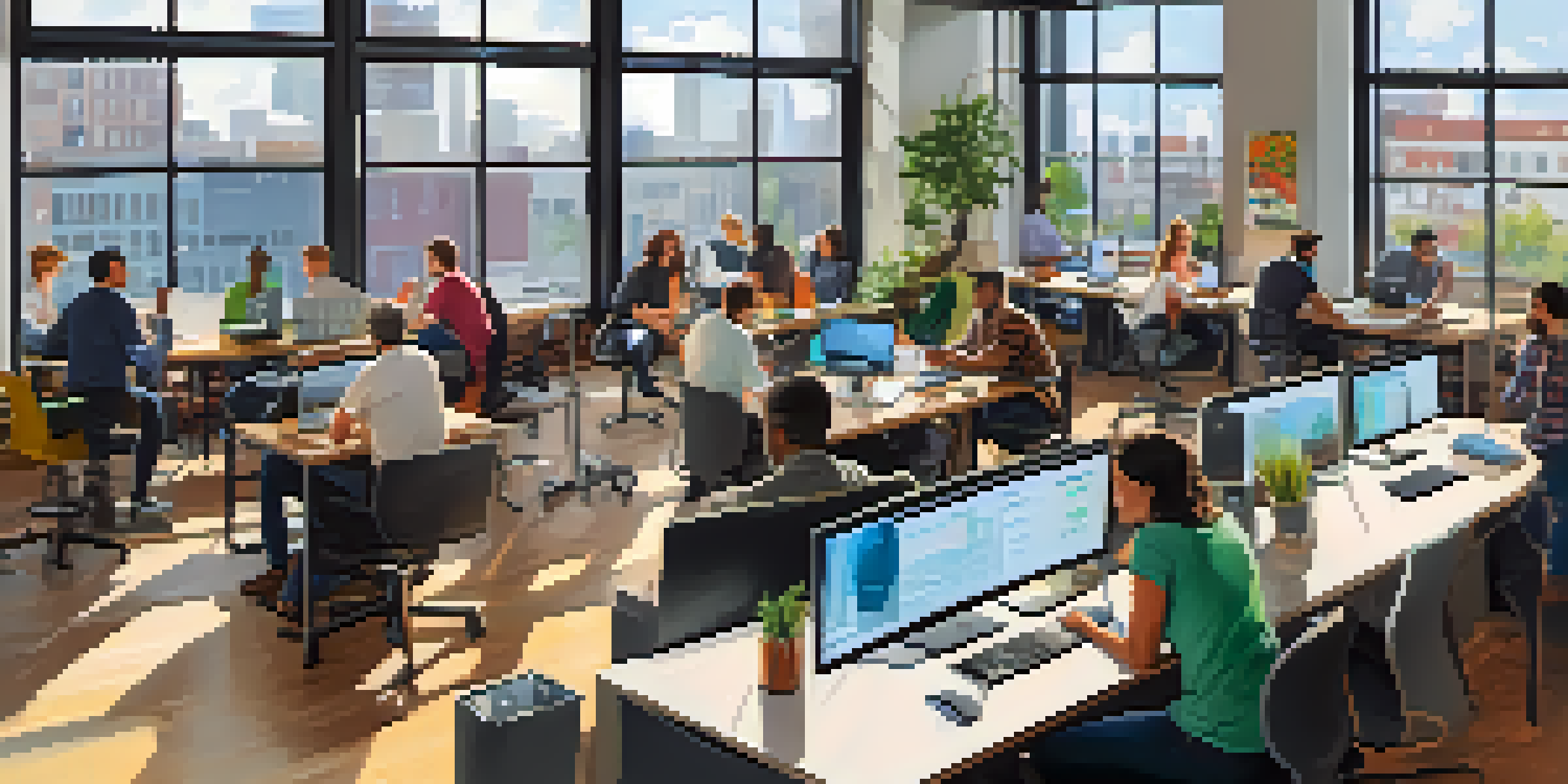 A vibrant co-working space with entrepreneurs collaborating on tech projects, featuring modern furniture and natural light.