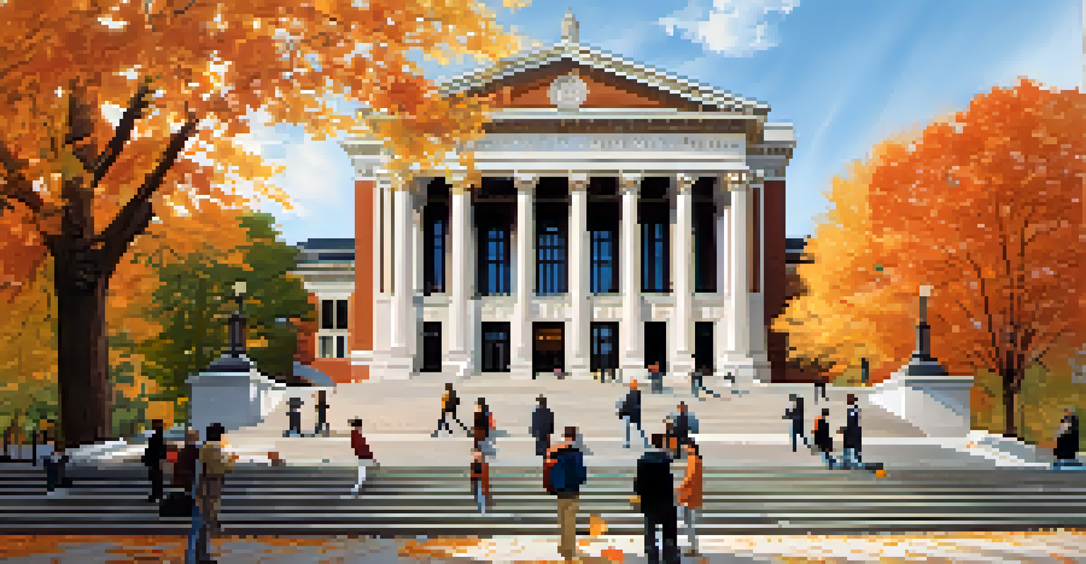 The Eastman School of Music and Art surrounded by autumn leaves and students, under a clear blue sky.
