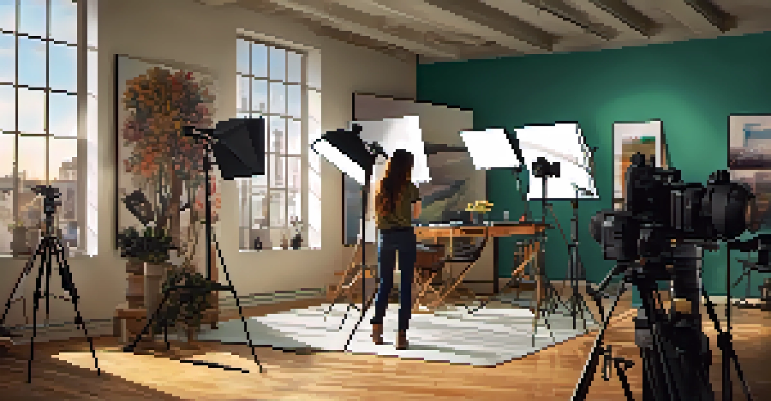 A modern photography studio with equipment and a photographer capturing a model's portrait.