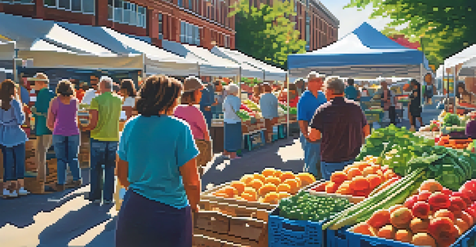 A colorful farmers' market in Rochester with various fruits and vegetables, people shopping and engaging under the warm morning sun.