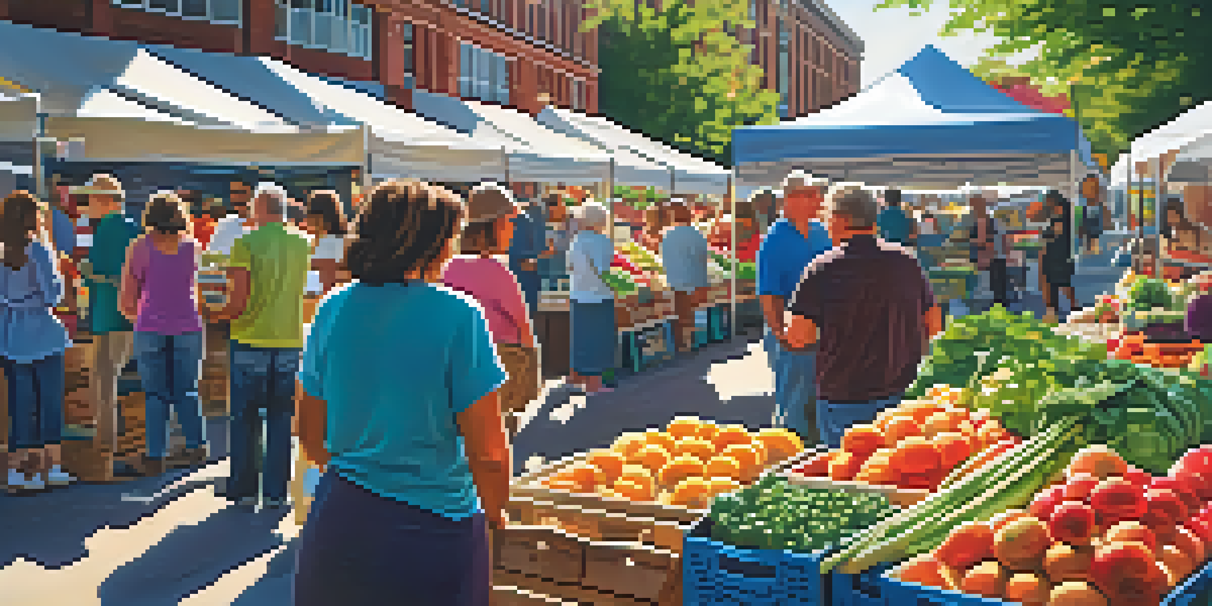 A colorful farmers' market in Rochester with various fruits and vegetables, people shopping and engaging under the warm morning sun.