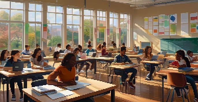 A diverse group of students in a bright classroom, participating in a hybrid learning setup with online lectures and collaborative work.