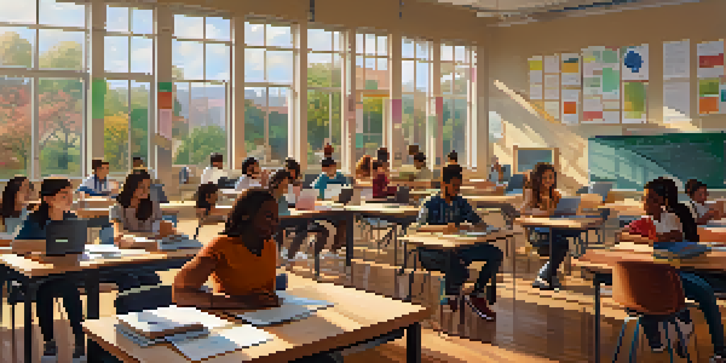 A diverse group of students in a bright classroom, participating in a hybrid learning setup with online lectures and collaborative work.