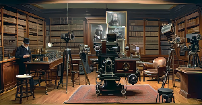 A historical scene featuring George Eastman in a vintage photography studio, surrounded by early cameras and warm lighting.
