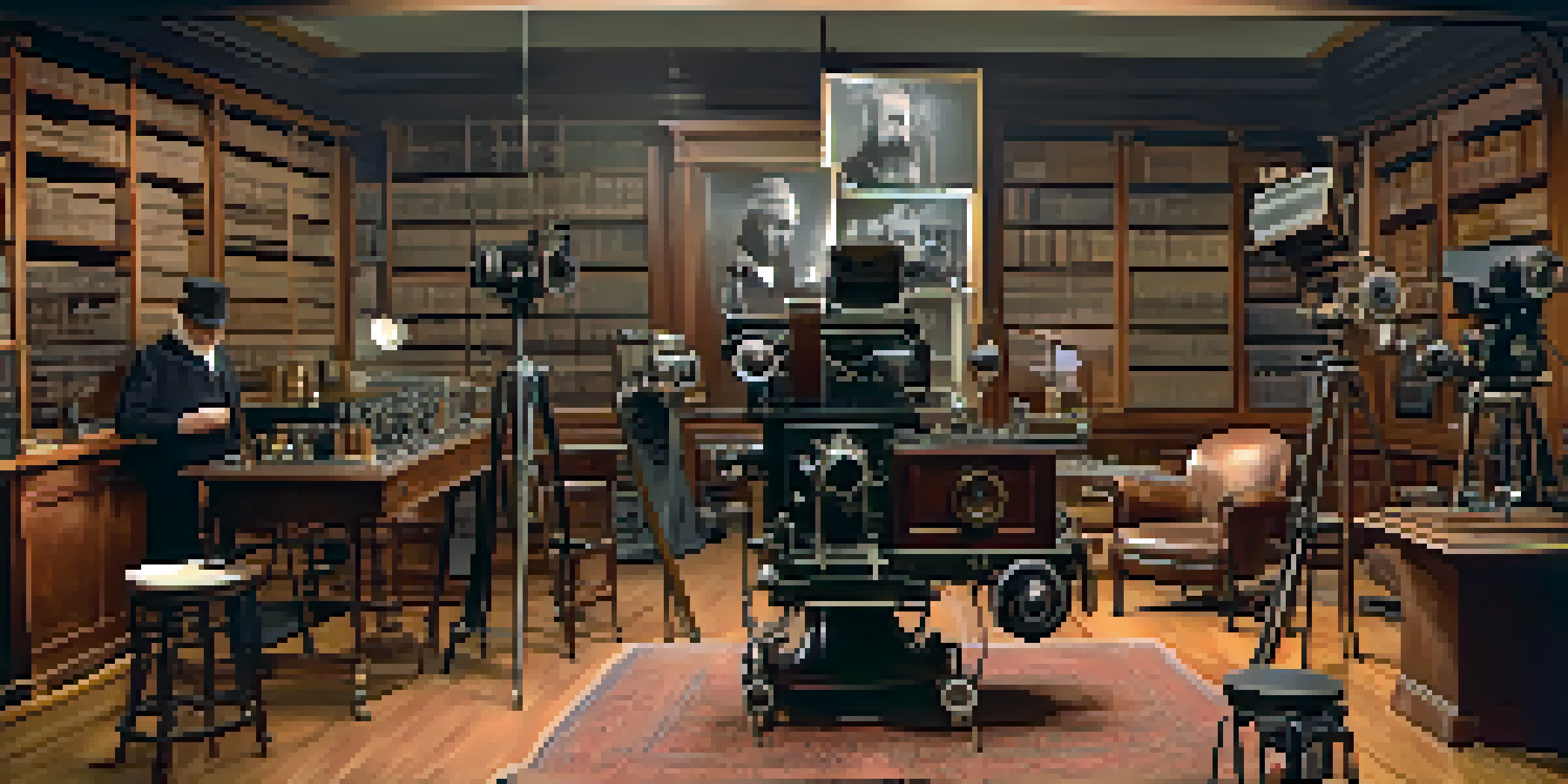 A historical scene featuring George Eastman in a vintage photography studio, surrounded by early cameras and warm lighting.