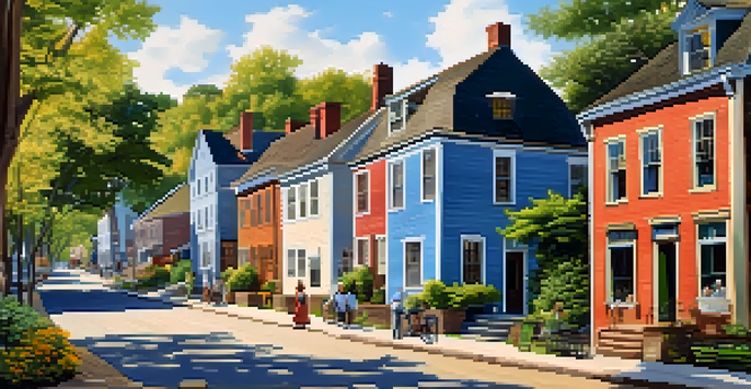 A sunny landscape featuring early colonial wooden homes and people engaged in daily activities in Rochester.