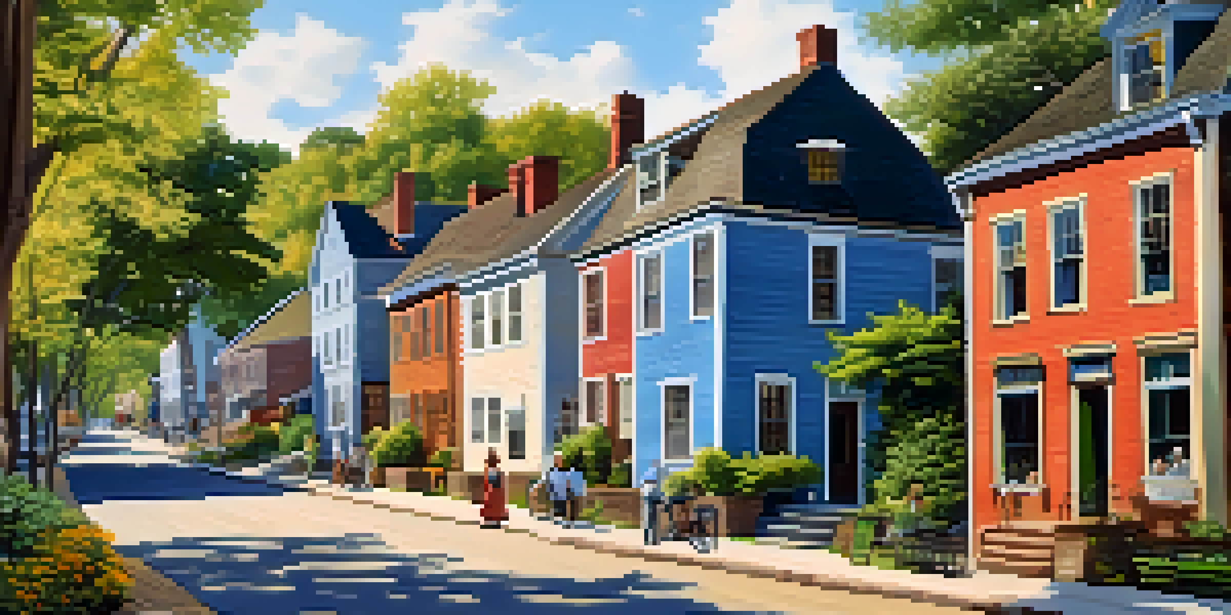 A sunny landscape featuring early colonial wooden homes and people engaged in daily activities in Rochester.