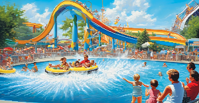 Families enjoying rides and water attractions at Seabreeze Amusement Park on a sunny summer day.