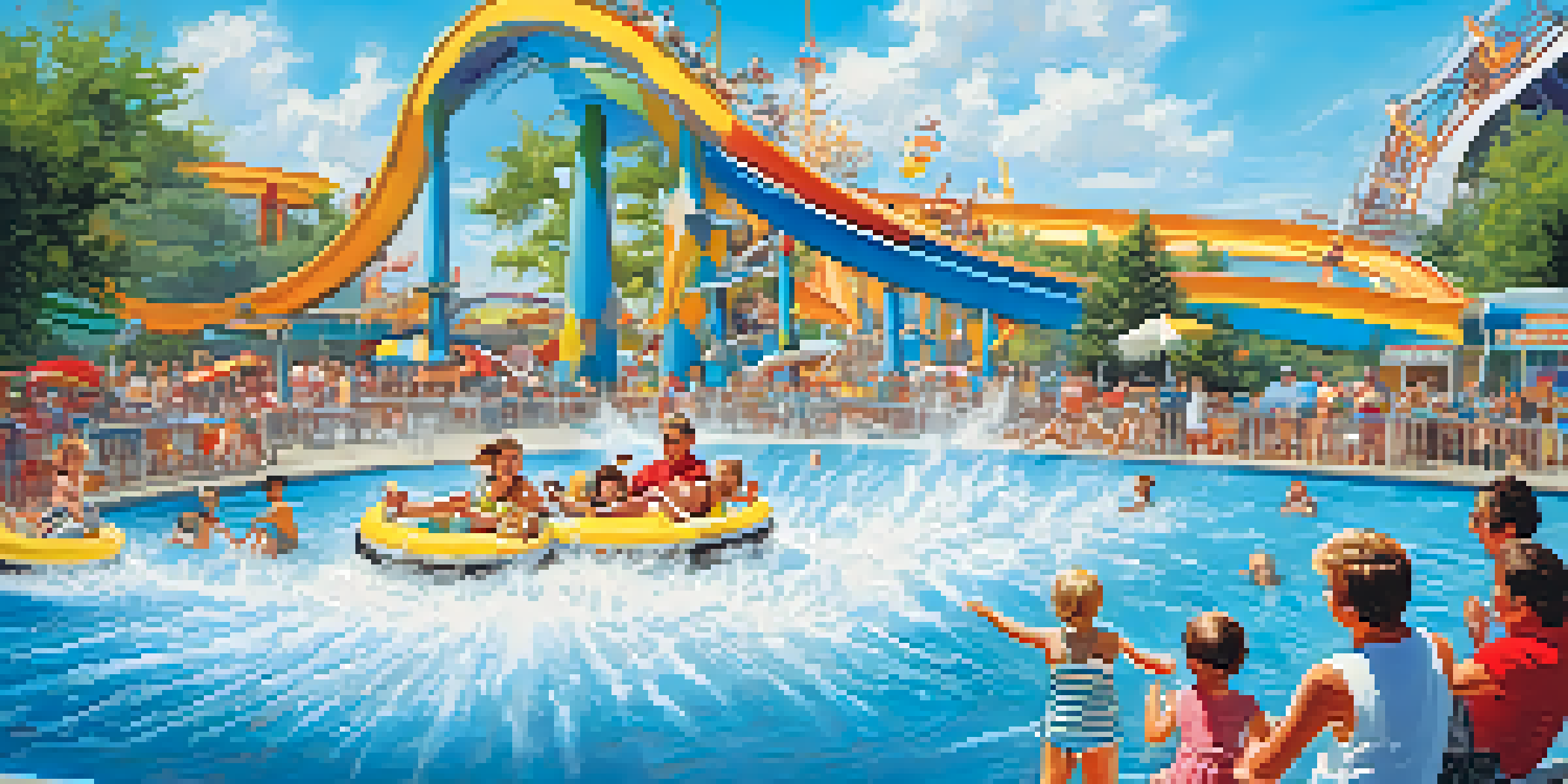 Families enjoying rides and water attractions at Seabreeze Amusement Park on a sunny summer day.