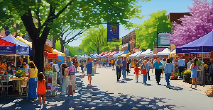 A lively street scene at the Rochester Lilac Festival, featuring blooming lilac flowers and diverse festival-goers enjoying food from various stalls.