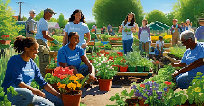 A diverse group of volunteers joyfully planting in a community garden filled with colorful flowers and vegetables under a sunny sky.