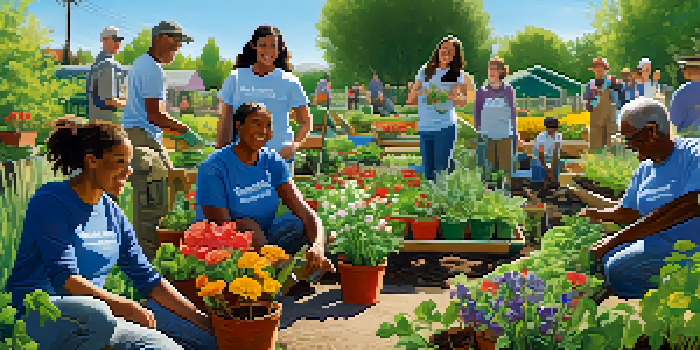 A diverse group of volunteers joyfully planting in a community garden filled with colorful flowers and vegetables under a sunny sky.