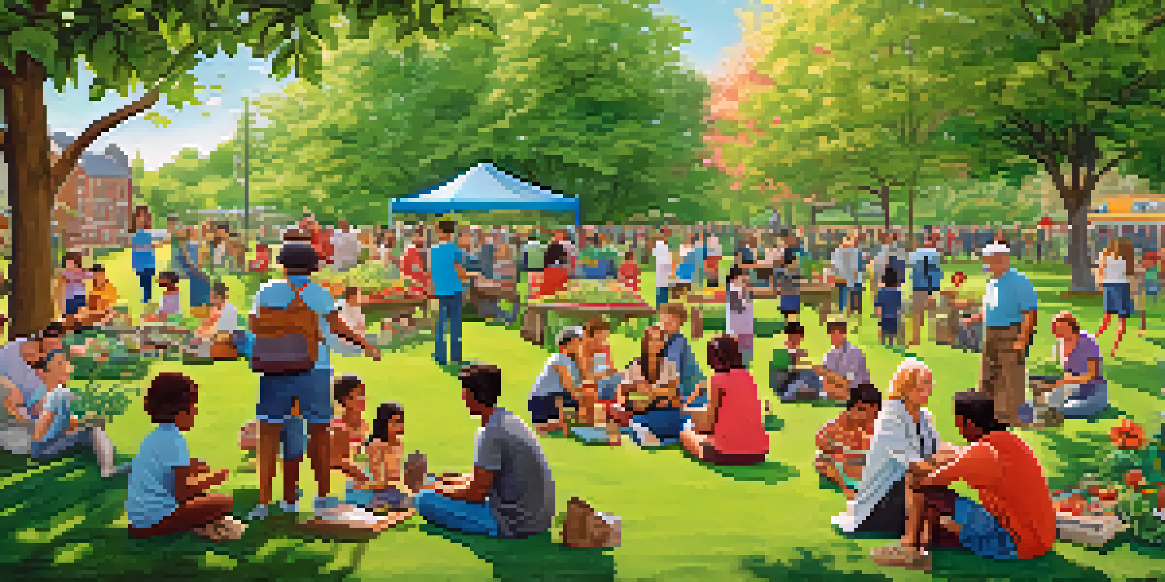 A diverse group of families planting trees and working in a community garden in a sunny park.