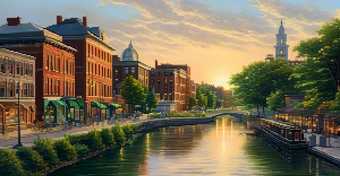 A panoramic view of Rochester with various architectural styles and the Erie Canal at sunset.