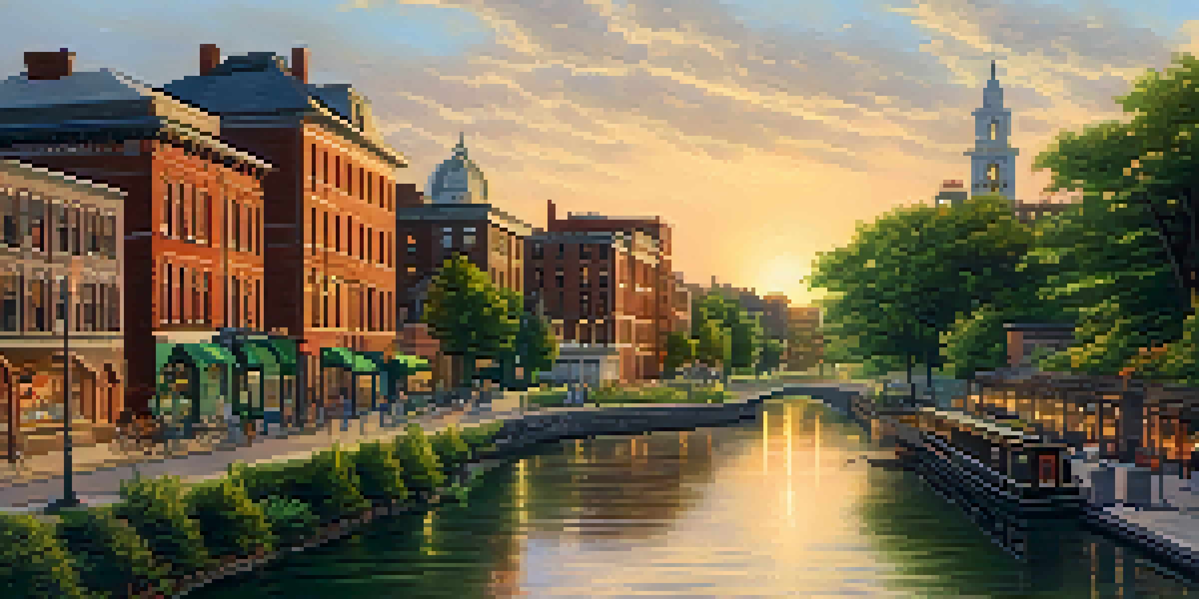 A panoramic view of Rochester with various architectural styles and the Erie Canal at sunset.