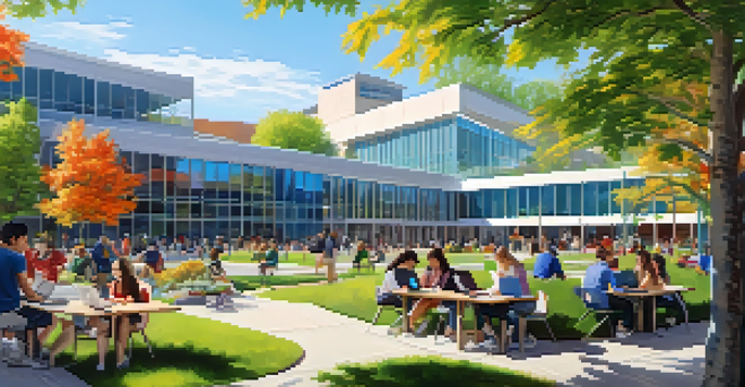A diverse group of students collaborating on research outdoors at a university campus, surrounded by modern buildings and blooming flowers under a clear blue sky.