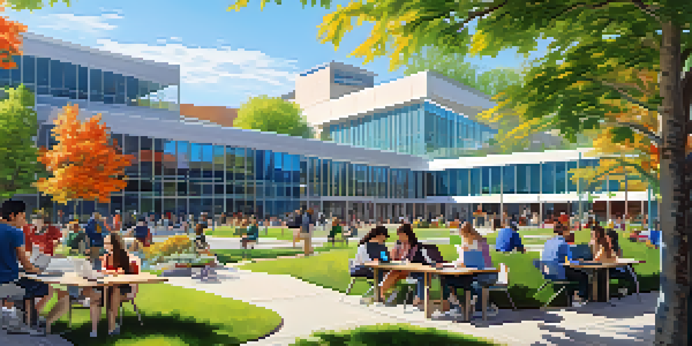 A diverse group of students collaborating on research outdoors at a university campus, surrounded by modern buildings and blooming flowers under a clear blue sky.
