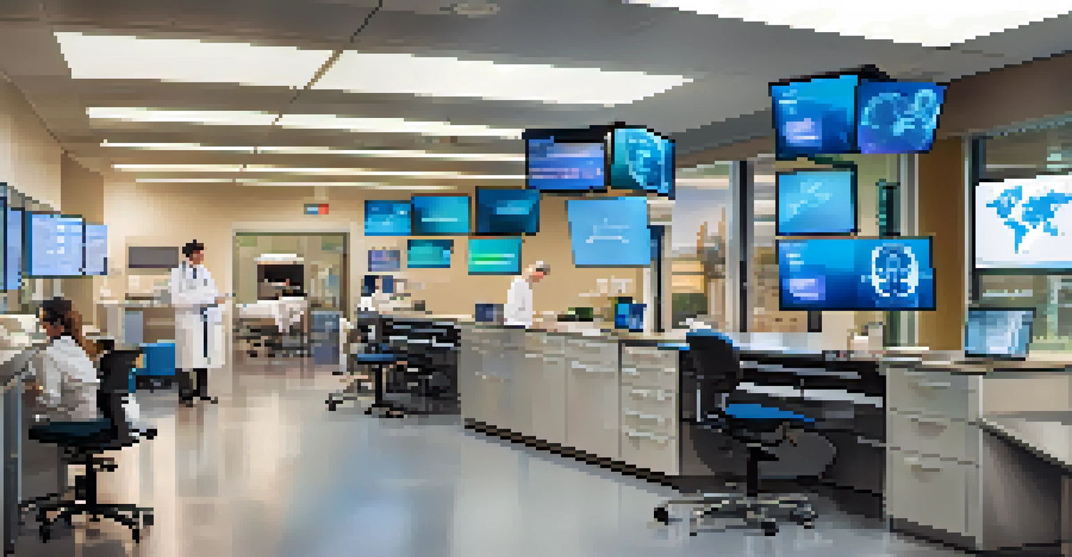 An advanced healthcare innovation lab in Rochester with researchers and medical equipment, illuminated by warm lighting.