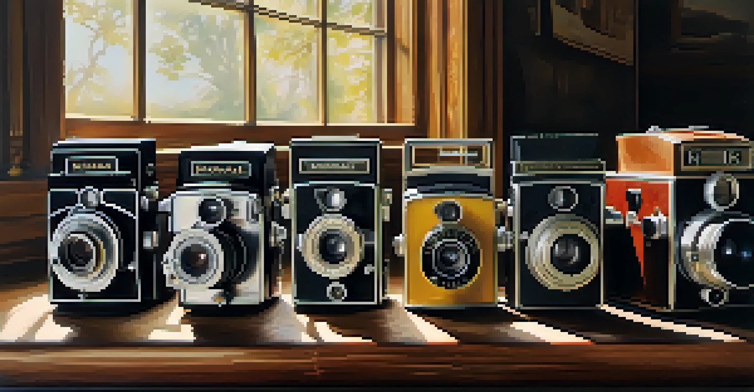 A collection of historical Kodak cameras displayed on a wooden table with natural light streaming in from a window.