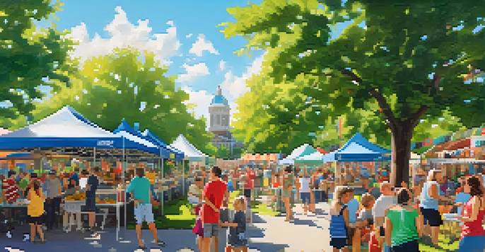 A lively community park filled with families enjoying games and food stalls during a summer festival, surrounded by lush greenery and a bright blue sky.
