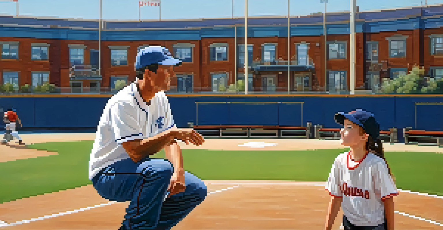 A coach encouraging a young girl athlete during baseball practice on a sunny day.