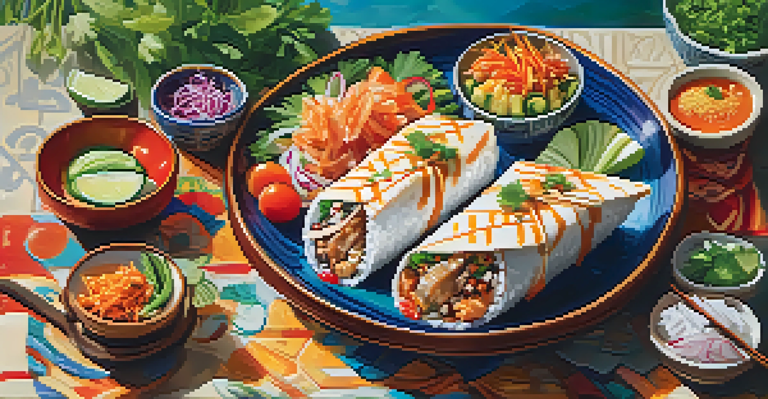 A colorful plate of Asian fusion cuisine with sushi burritos and Thai-inspired tacos beautifully arranged.