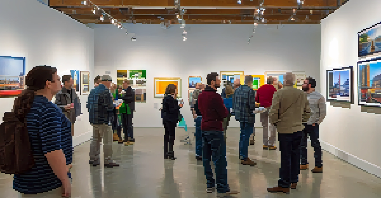 A lively photography exhibition in Rochester, with attendees engaging with artworks and a colorful atmosphere.