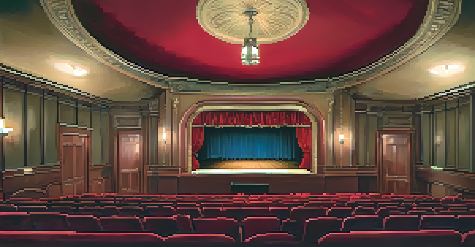 A cozy vintage theater interior with plush red seats and a wooden stage, filled with patrons watching a film.