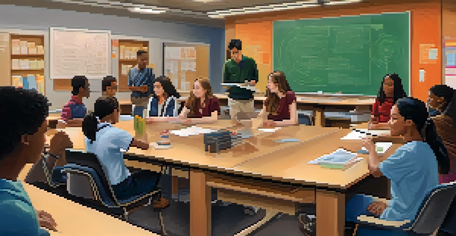 A diverse classroom with students and a multicultural teacher engaged in a lively discussion.