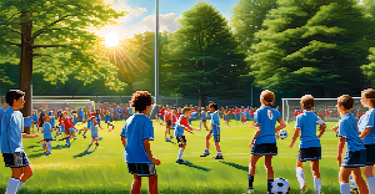 A sunny outdoor soccer game in Rochester with diverse youth in sports uniforms playing together, surrounded by trees and spectators.