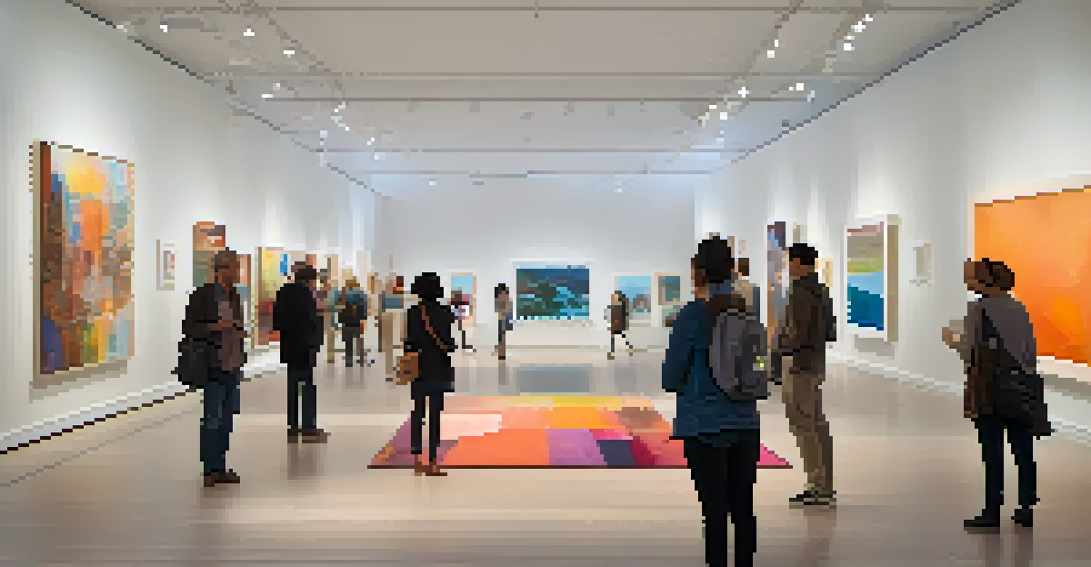 An art gallery showcasing contemporary artworks with people interacting and enjoying the exhibition.