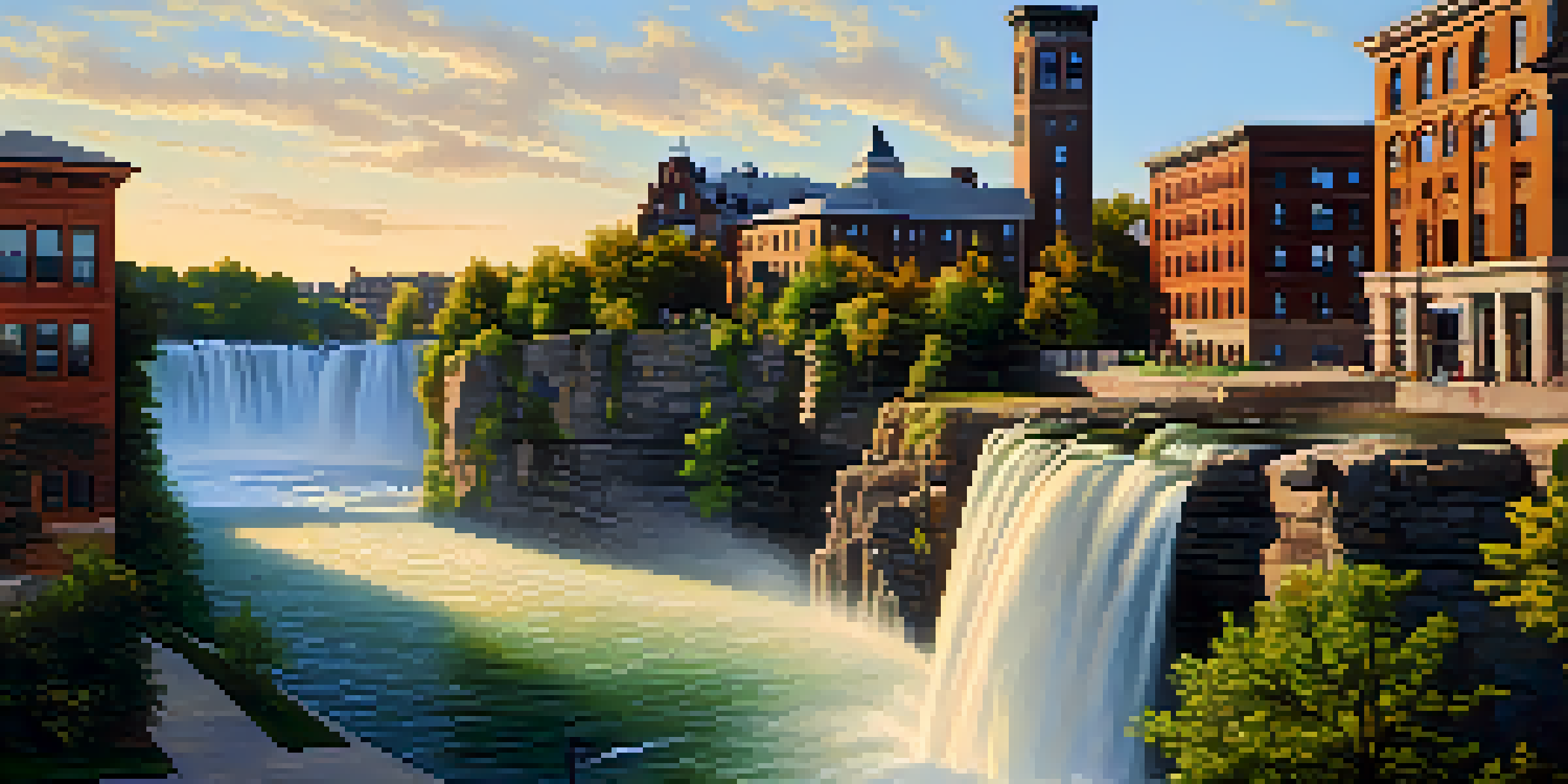 A scenic view of High Falls in Rochester, New York, with cascading water and historic stone buildings illuminated by golden hour light.