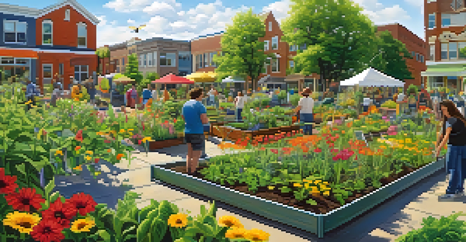 A colorful community garden in Rochester with residents tending to plants under a blue sky, highlighting community involvement.