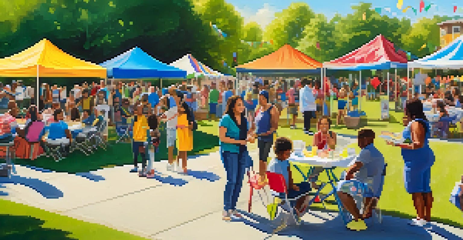 A multicultural festival in a park with families enjoying food, music, and cultural performances.