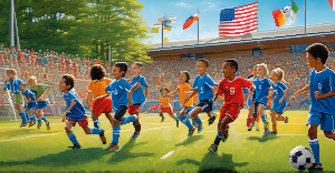 A diverse group of children playing soccer, celebrating in colorful uniforms with cultural flags in the background.