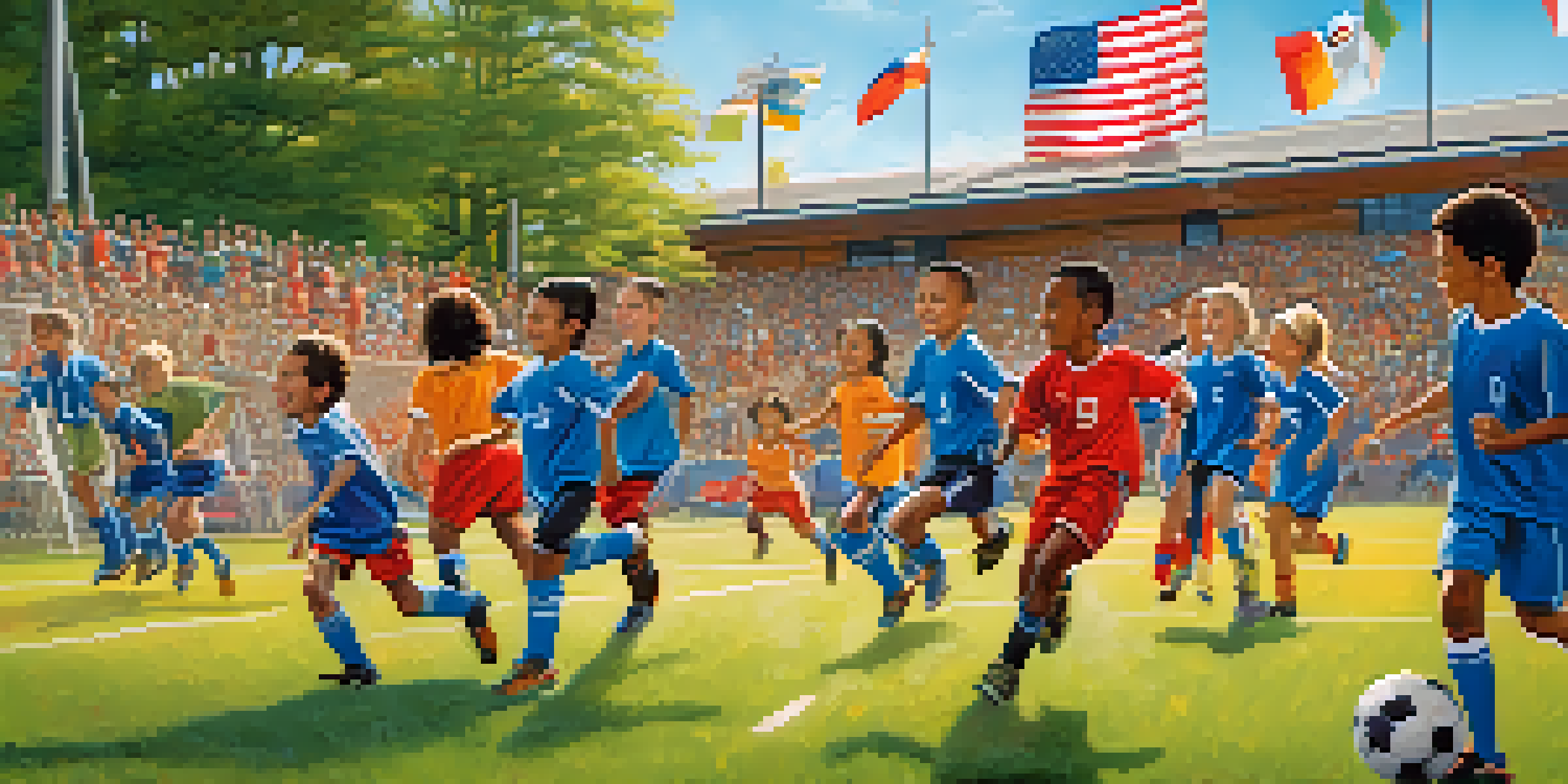 A diverse group of children playing soccer, celebrating in colorful uniforms with cultural flags in the background.