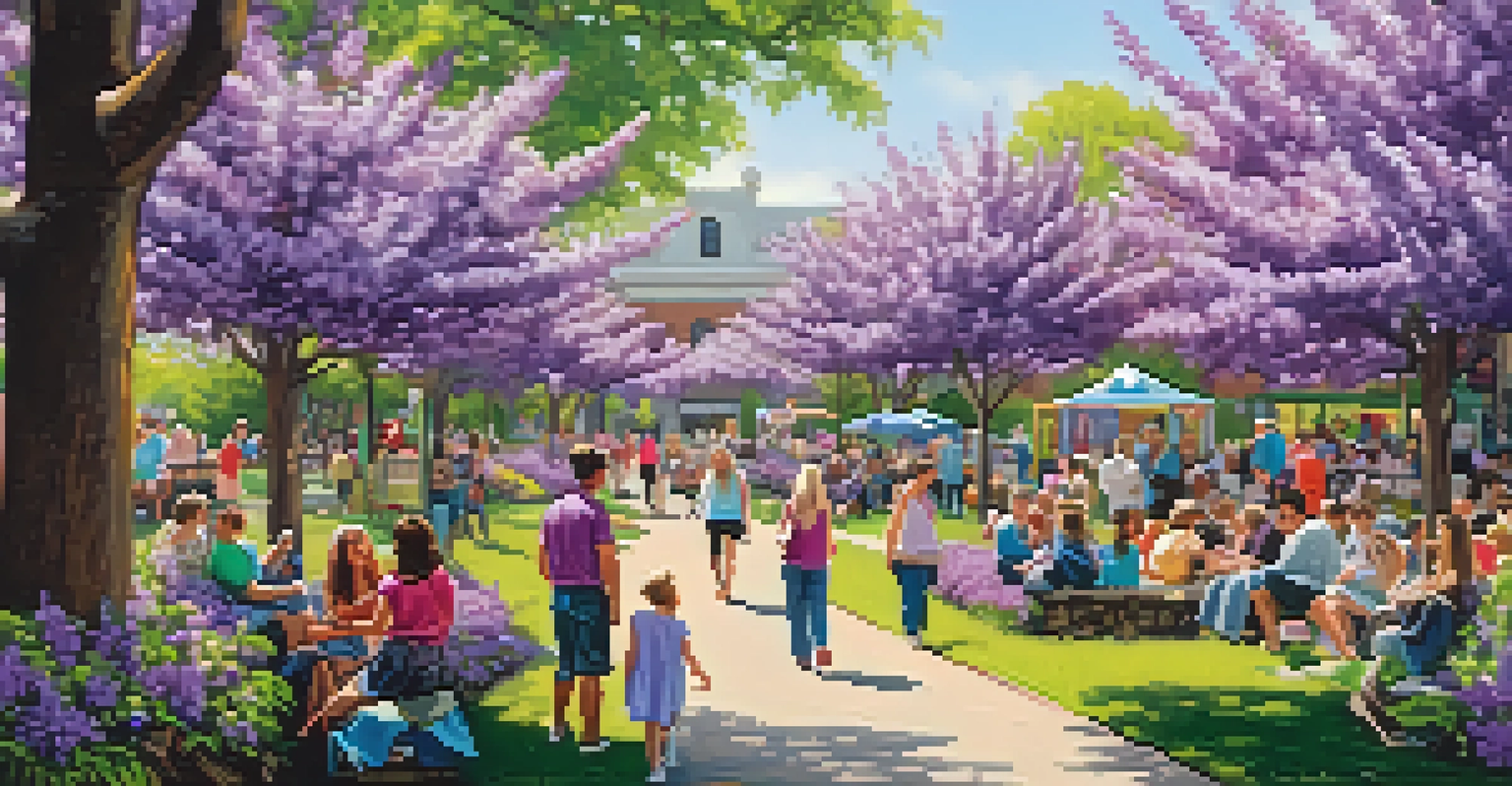 Families participating in activities at Highland Park during the Lilac Festival, with blooming lilacs and a stage in the background.