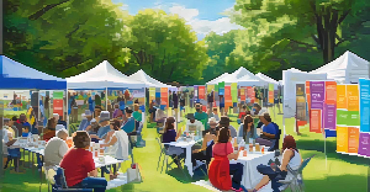 A community workshop on mental health awareness in a park, with people engaging around tables and colorful banners.