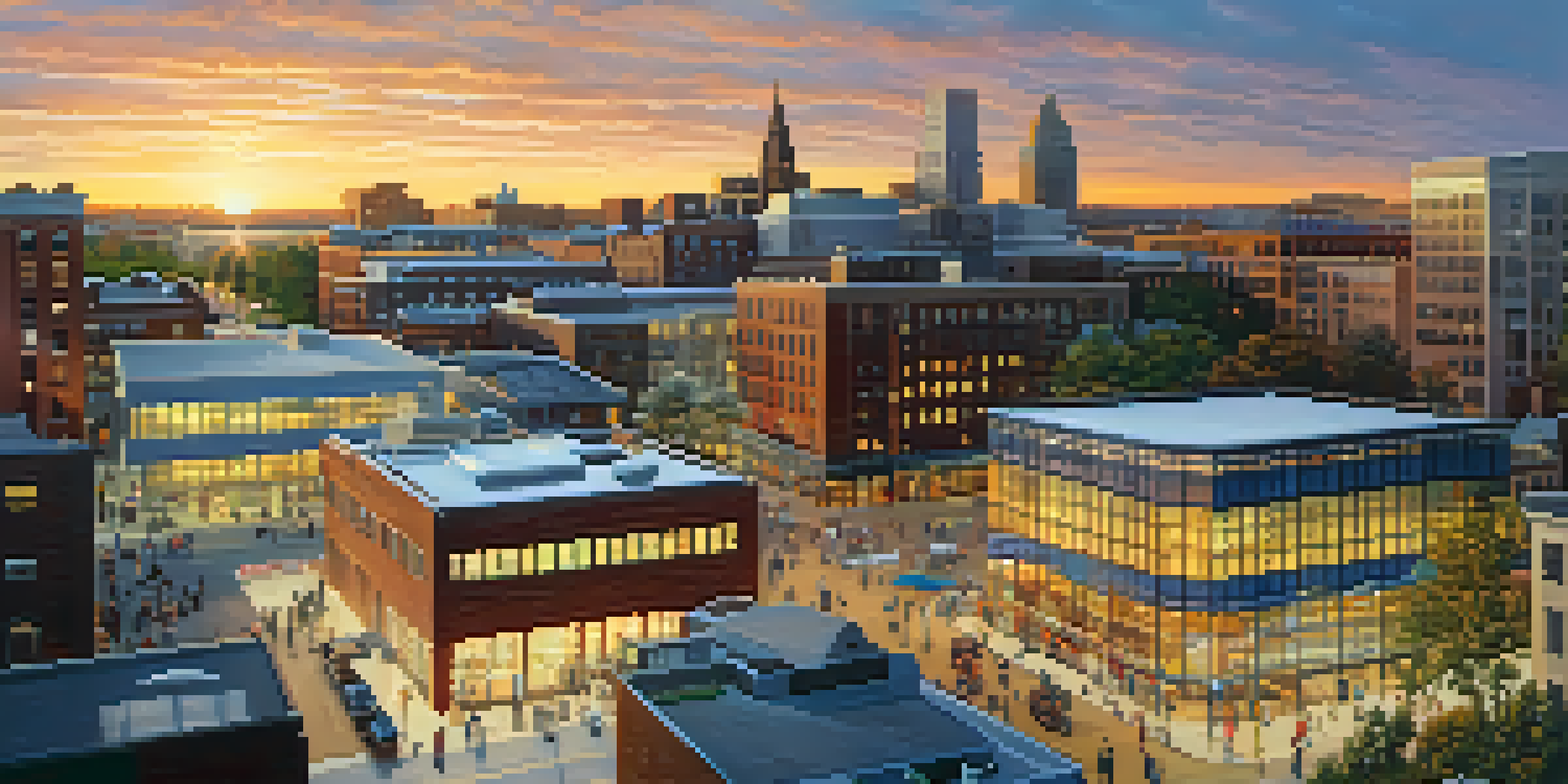 A cityscape of Rochester with diverse groups of people discussing, modern buildings representing healthcare and technology sectors, bathed in sunset light.