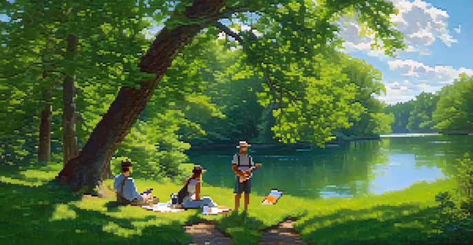 A peaceful landscape with the Genesee River, lush trees, and artists painting in the foreground, under a bright blue sky.