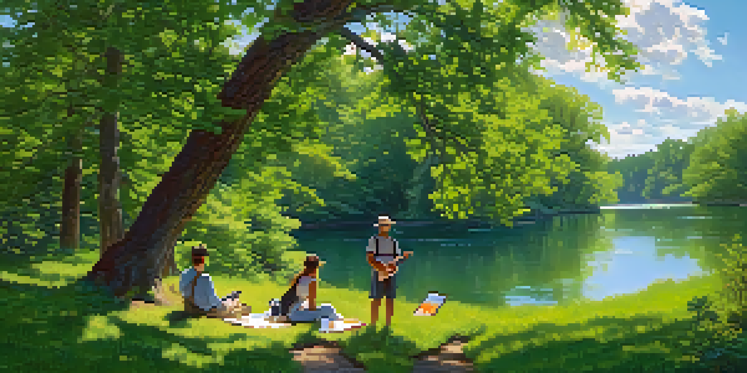 A peaceful landscape with the Genesee River, lush trees, and artists painting in the foreground, under a bright blue sky.