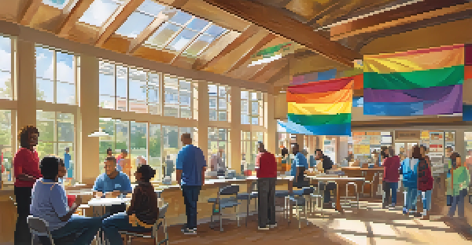 A busy community resource center filled with diverse people receiving assistance, with bright banners and warm sunlight.