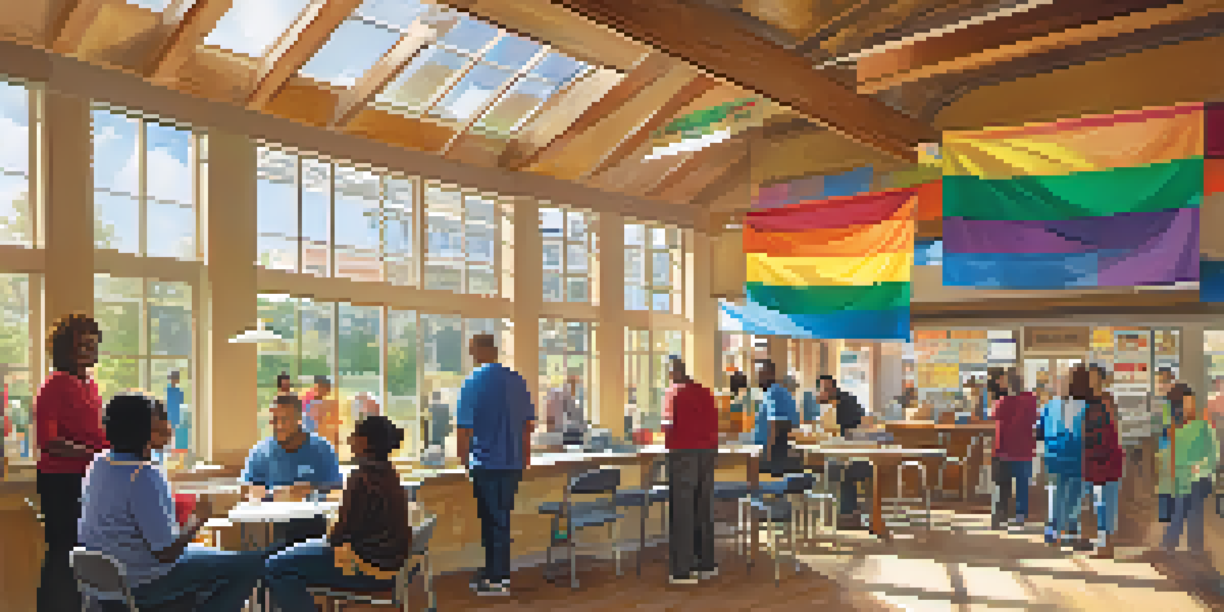 A busy community resource center filled with diverse people receiving assistance, with bright banners and warm sunlight.